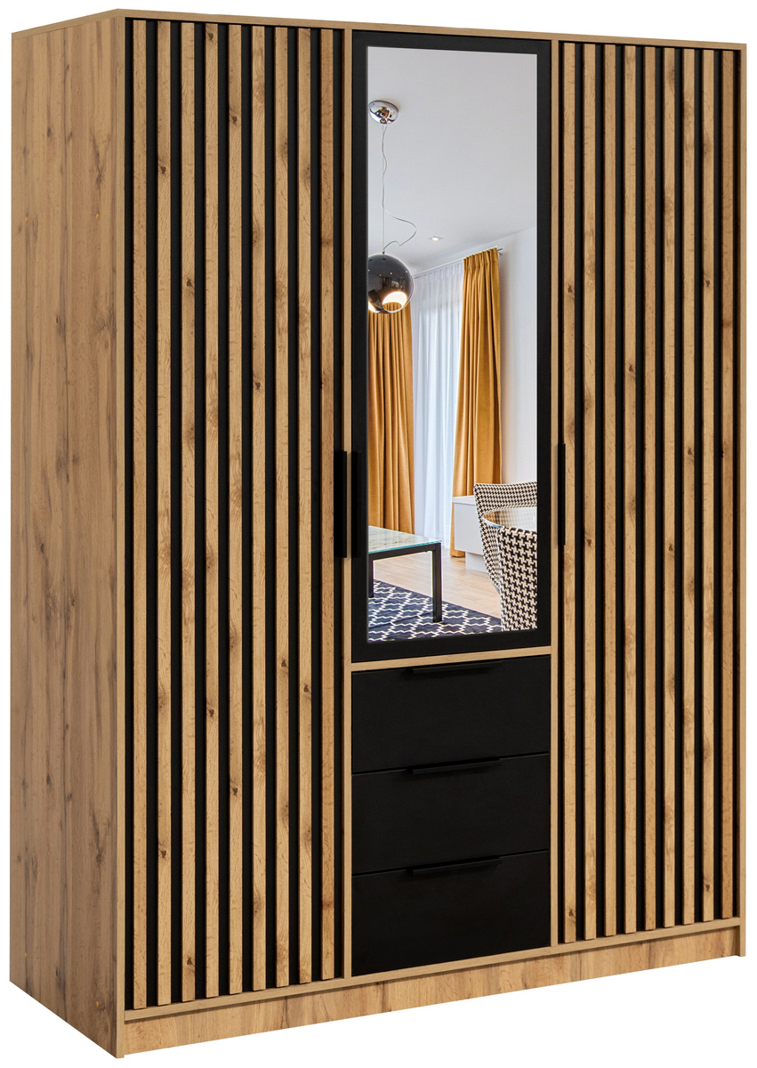 Trzydrzwiowa szafa z lamelami 150 cm z szufladami BILL