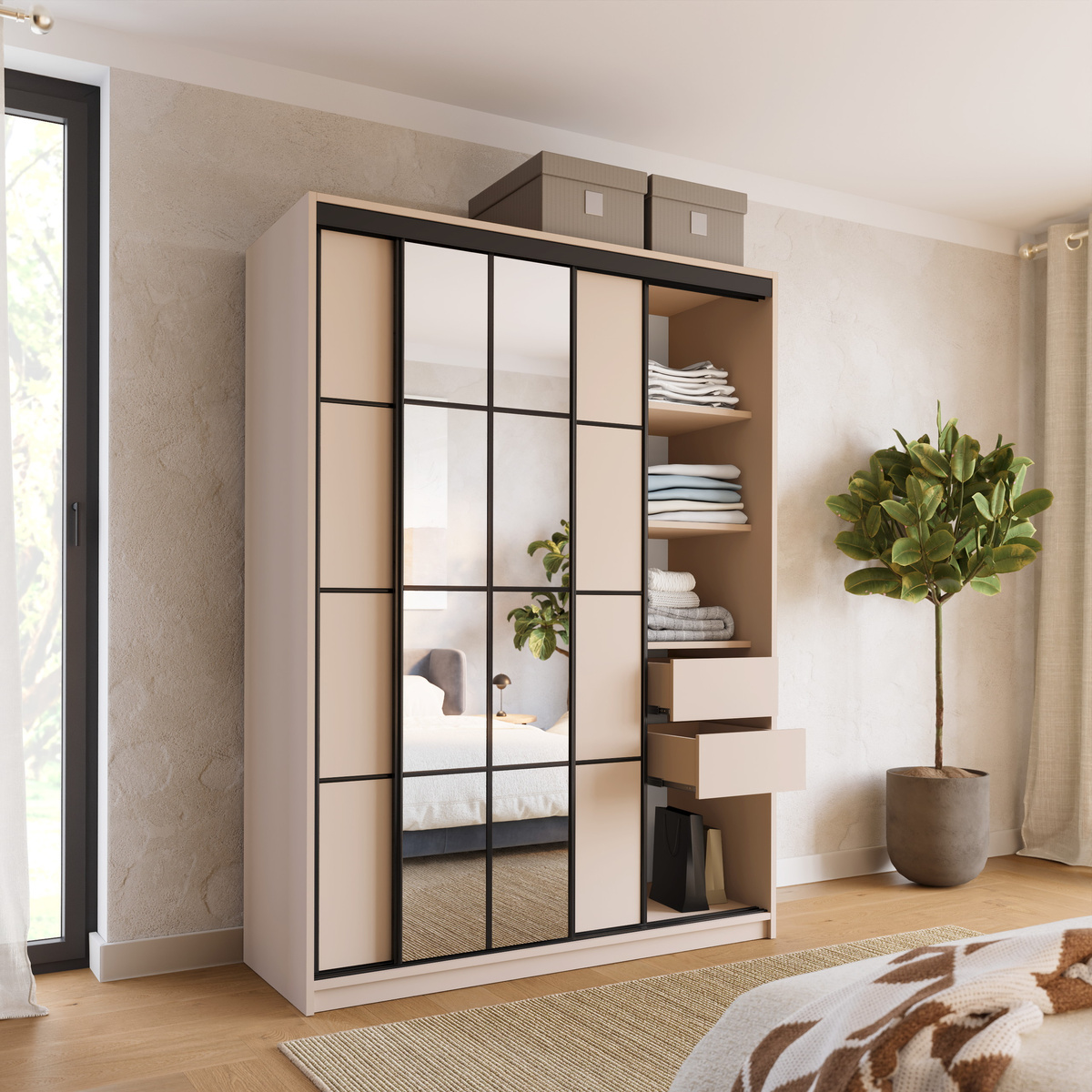 Nowoczesna szafa przesuwna z lustrem i półkami 150 cm EDGE