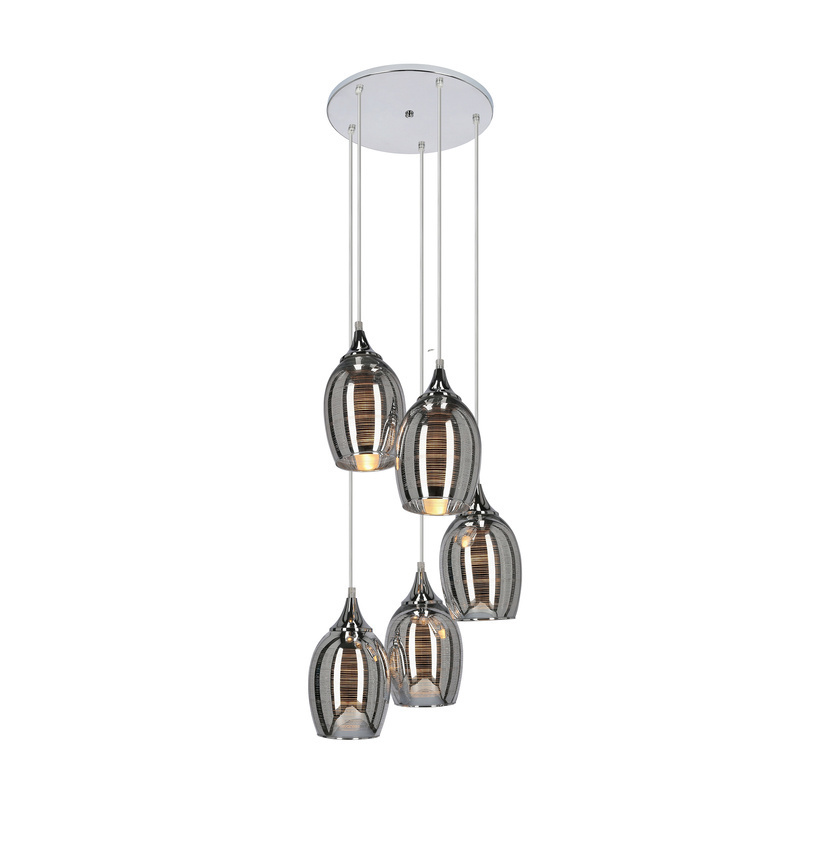 Srebrna lampa wisząca 5-płomienna do salonu MARINA metal szkło