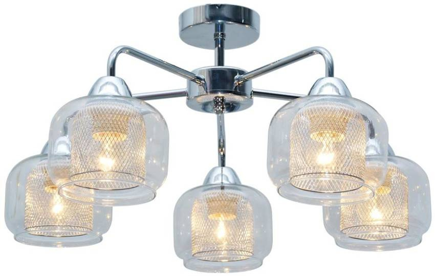 Srebrna lampa sufitowa wisząca 5-płomienna do salonu RAY szkło