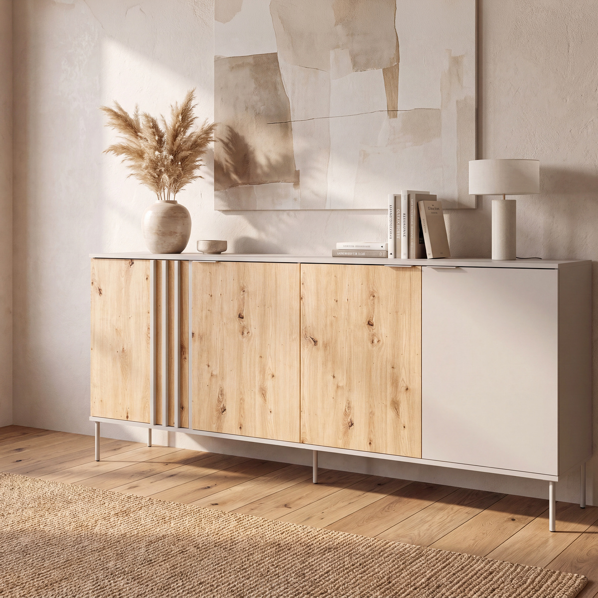 Czterodrzwiowa komoda 220 cm RUSTICA do salonu kaszmirowy beż