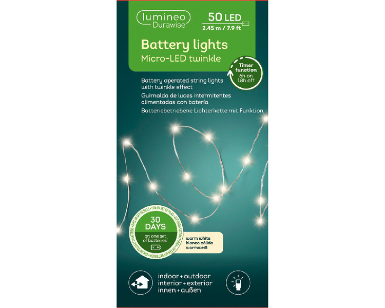 Lampki zewnętrzne/wewnętrzne na baterie 50 mikro LED 2,4m ciepły biały