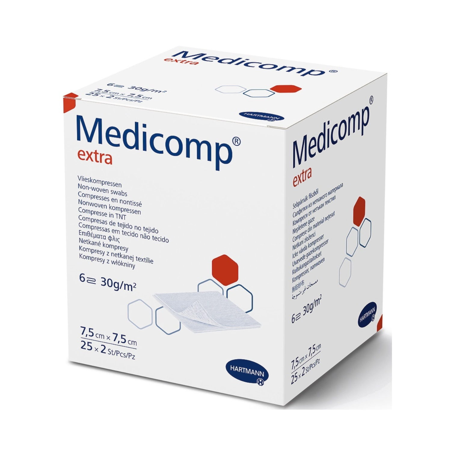 Hartmann - medicomp extra, kompresy jałowe włókninowe, 7,5 cm x 7,5 cm, 50 sztuki