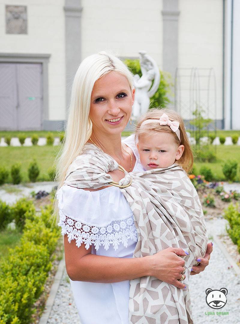 Chusta do noszenia dzieci MITSU RING (ecru) - 100% Bawełna, chusta kółkowa, rozmiar: 2,1 m, splot żakardowy