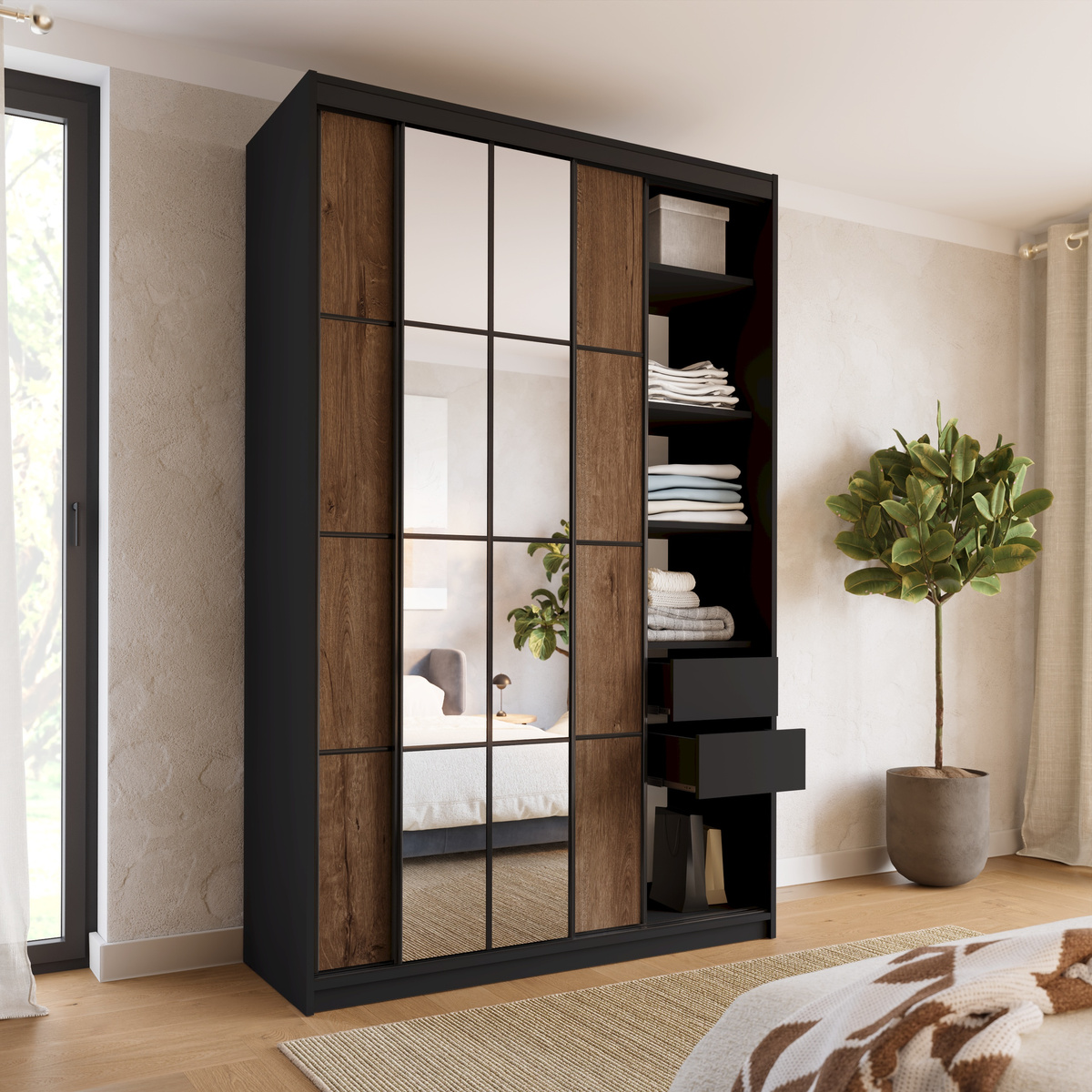 Wysoka szafa przesuwna 150 cm z lustrem i drążkami EDGE MAX