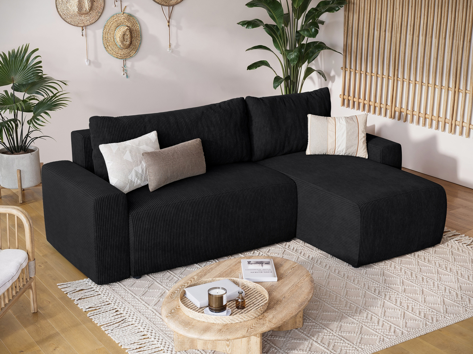 Czarna narożna kanapa sztruksowa z funkcją spania PLUSH L