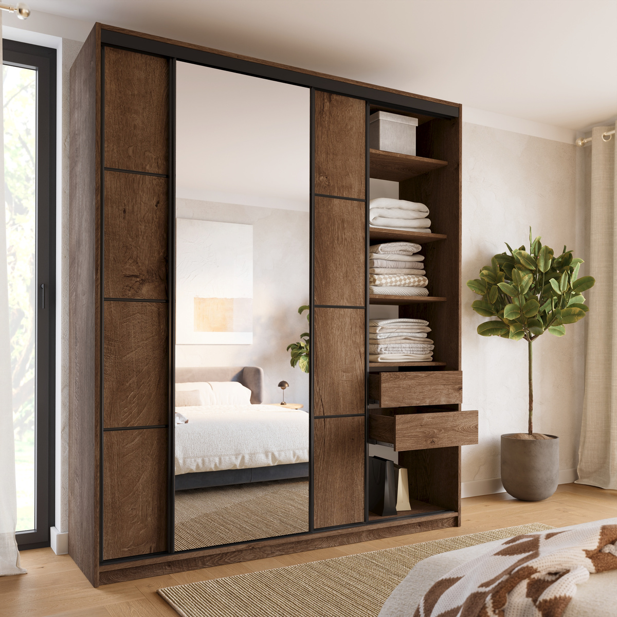 Duża szafa przesuwna z lustrem 200 cm LOFT MAX dąb lefkas