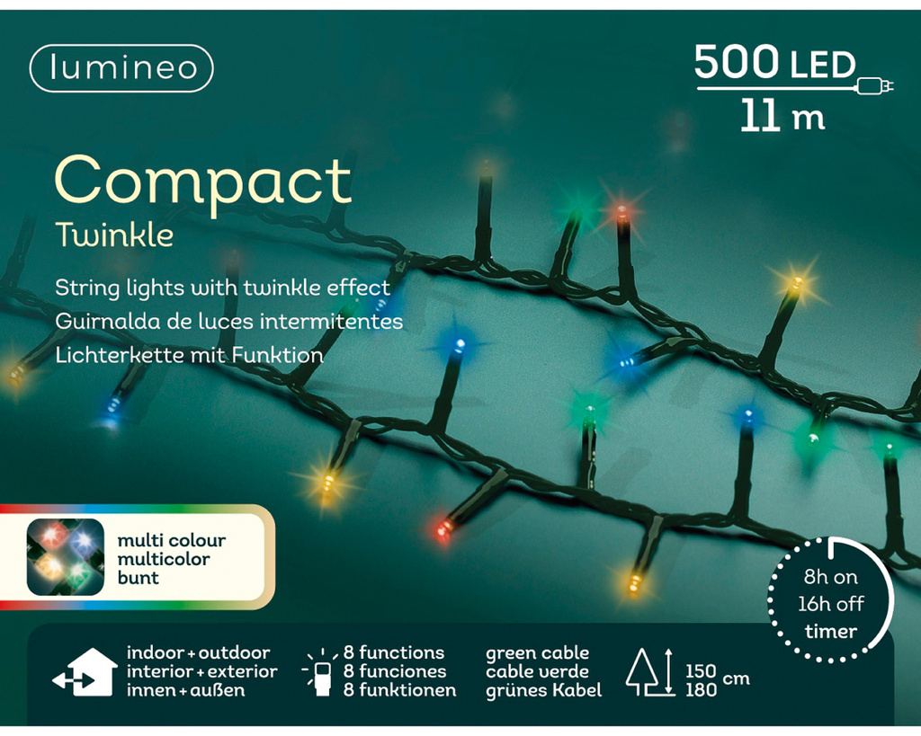 Lampki zewnętrzne/wewnętrzne compact 500Led Flesz 11m zielony/ multi 8funkcji