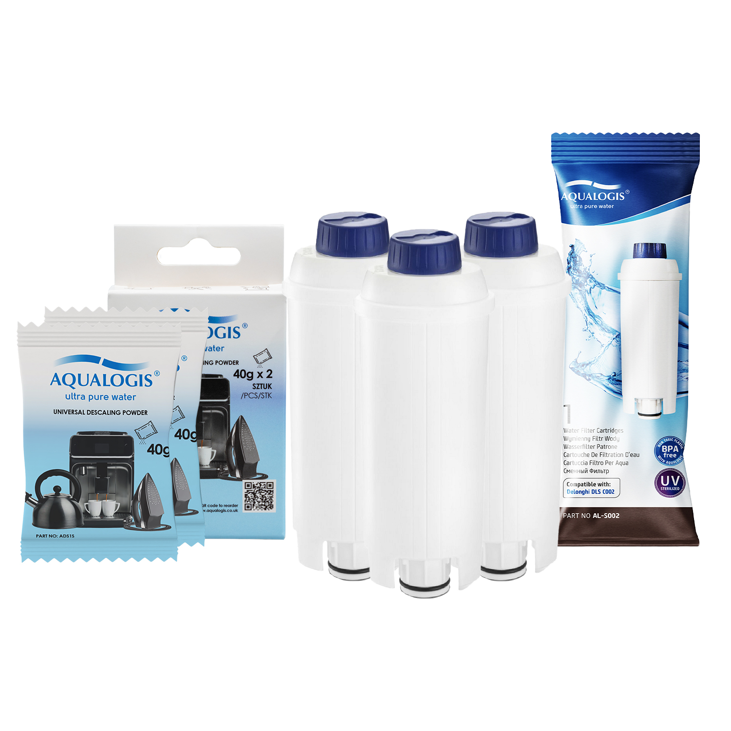 Zestaw do konserwacji ekspresu Delonghi – Filtr AL-S002 x3 + Proszek odkamieniający 2 saszetki