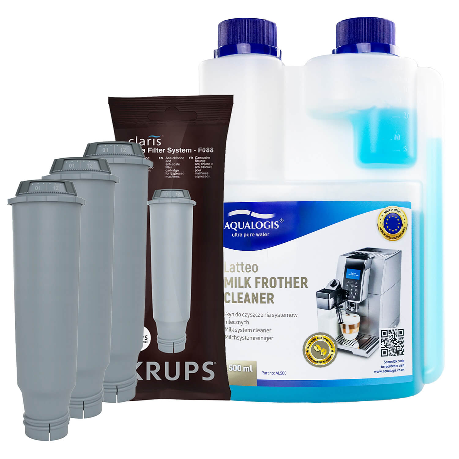 3x Filtr Wody Do Ekspresu Krups F088 + Płyn Czyszczący Latteo 500ml
