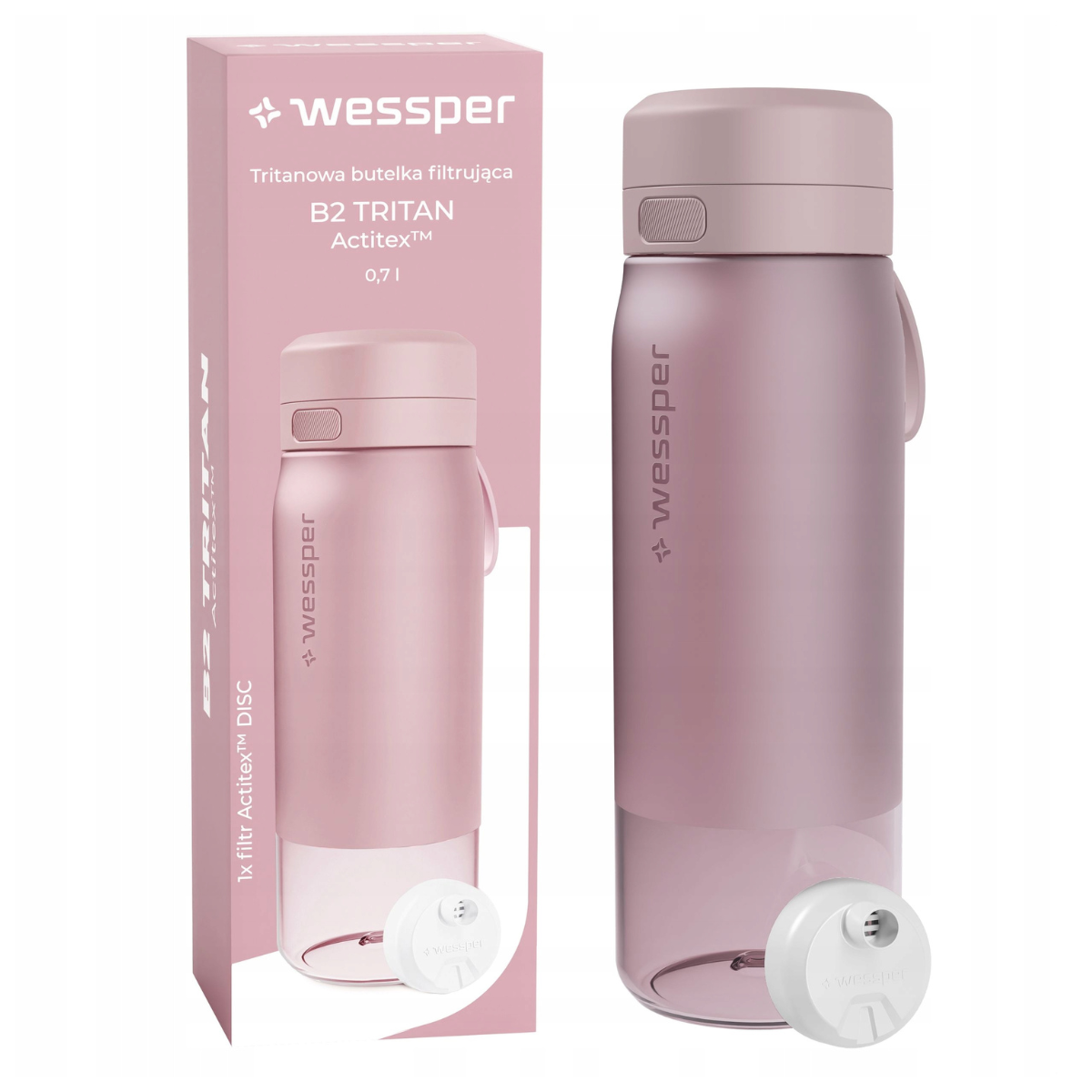 Różowa butelka filtrująca Wessper z tritanu 700 ml.