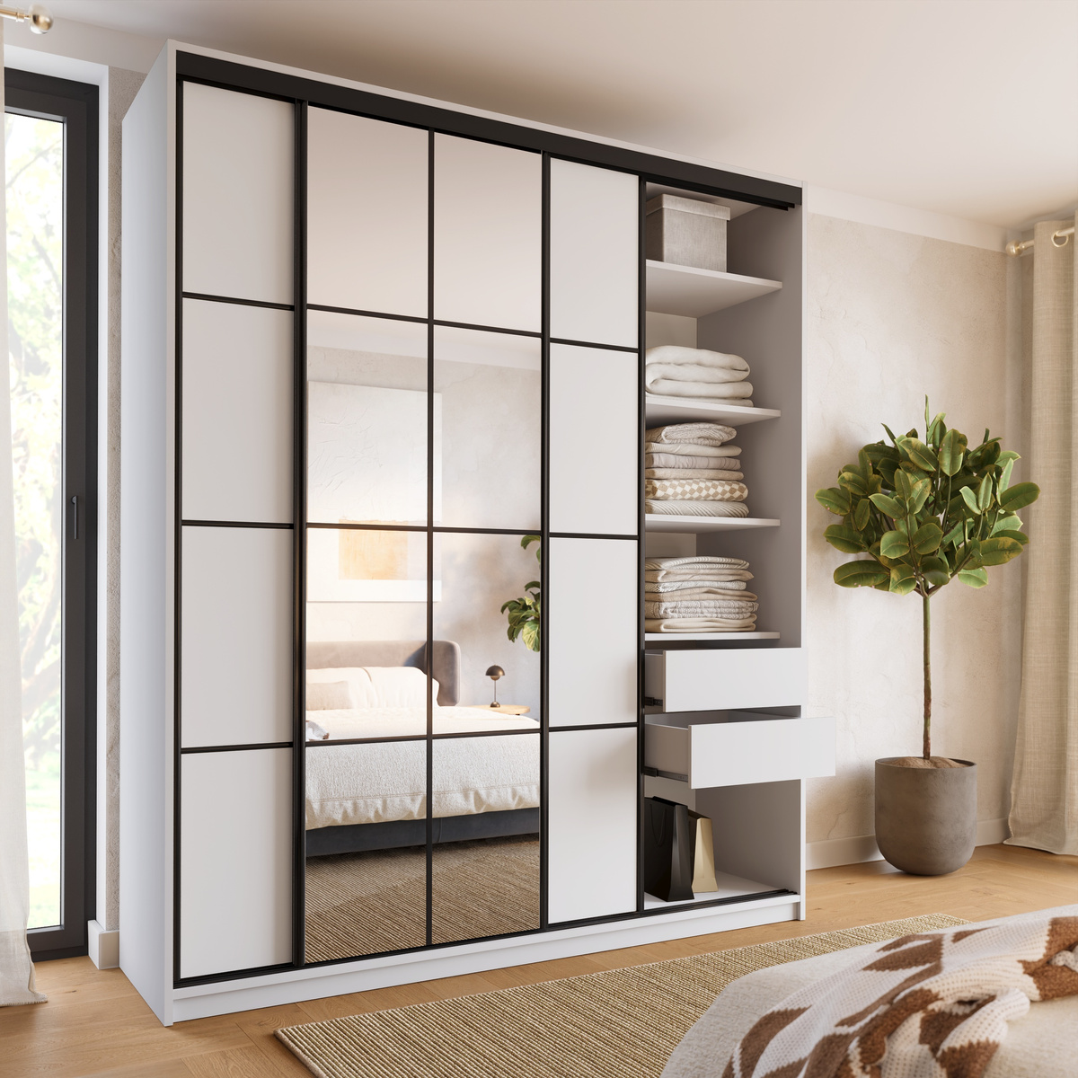 Biała szafa przesuwna z lustrem 200 cm do sypialni EDGE MAX