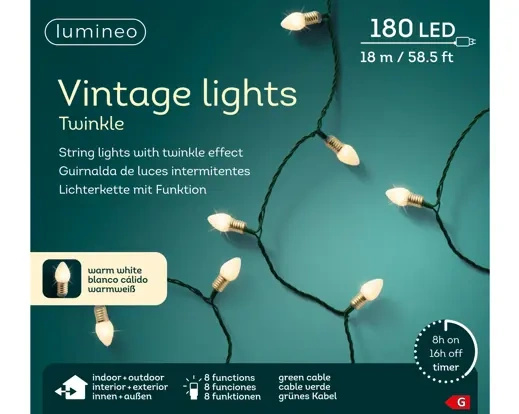 Lampki zewnętrzne/wewnętrzne Vintage 180 LED 18m ciepły biały mleczny flesz 8 funkcji