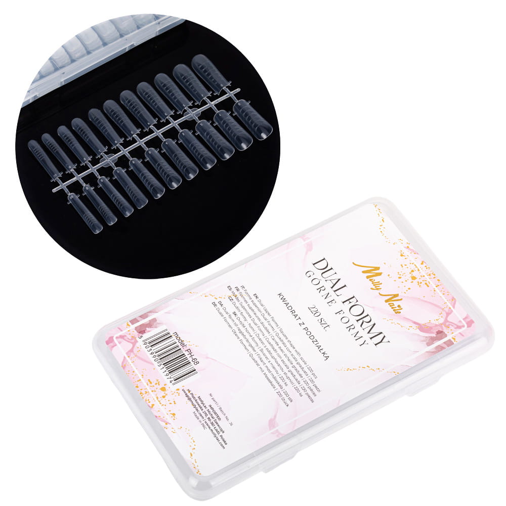 Górne formy do paznokci dualformy do żelu akrylożelu akrylu kwadrat z podziałką Molly Nails 220 szt model PH-68