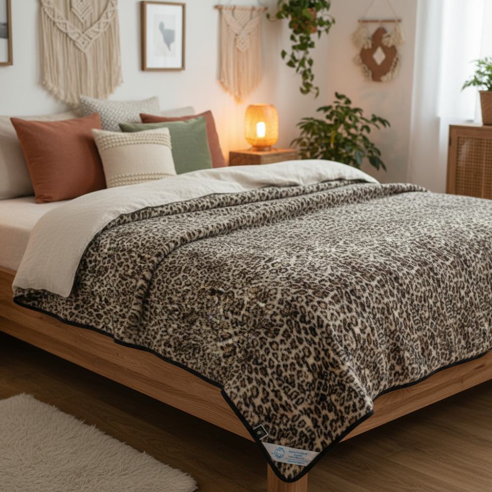 koc wełniany merynos australijski lampart Woolmark 160x200