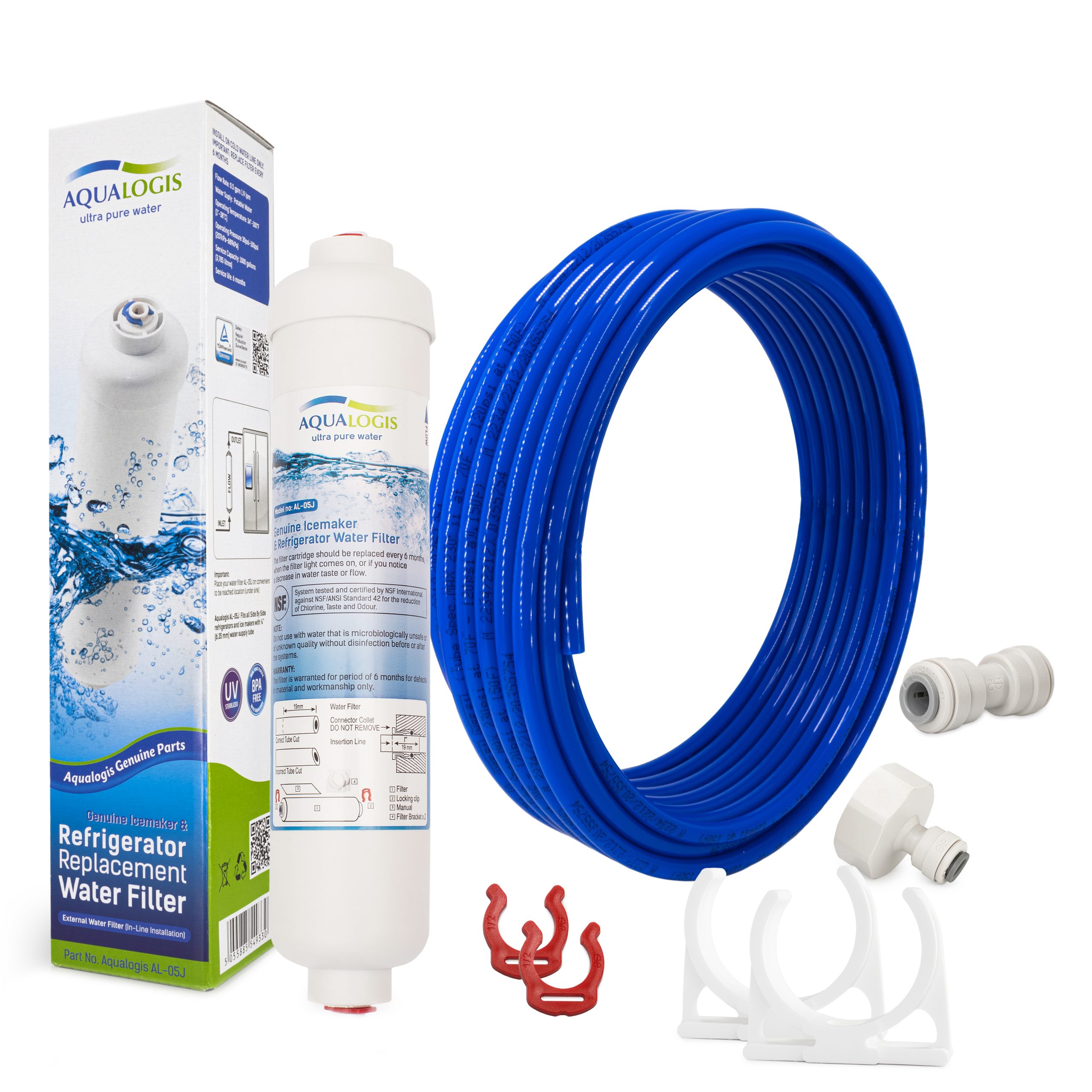 Zestaw Filtr AL-05J, Niebieski Wężyk 5m, Złączka 1/4, Redukcja 3/4-1/4