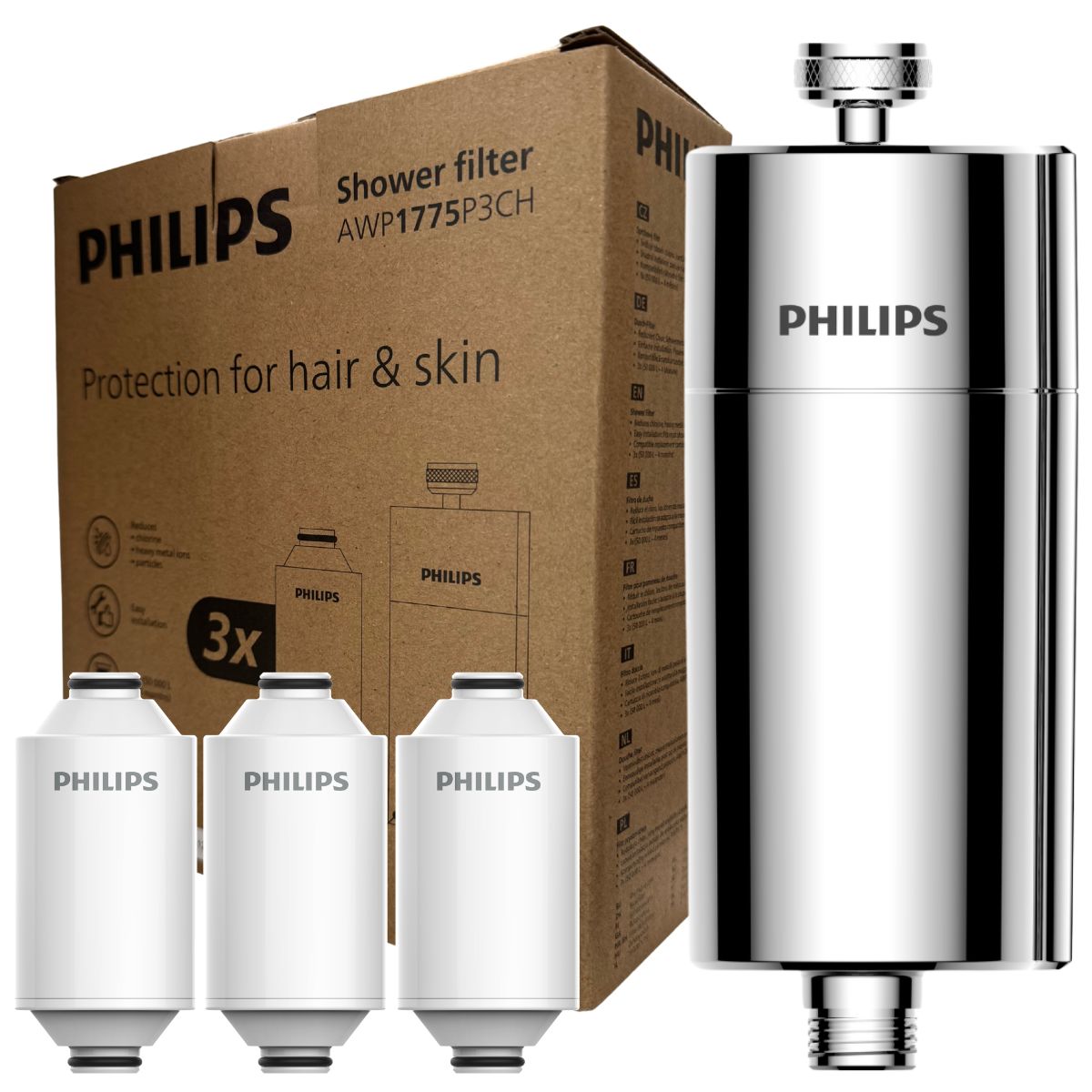 Filtr prysznicowy srebrny PHILIPS AWP1775P3CH/10 + 3 wkłady filtrujące.