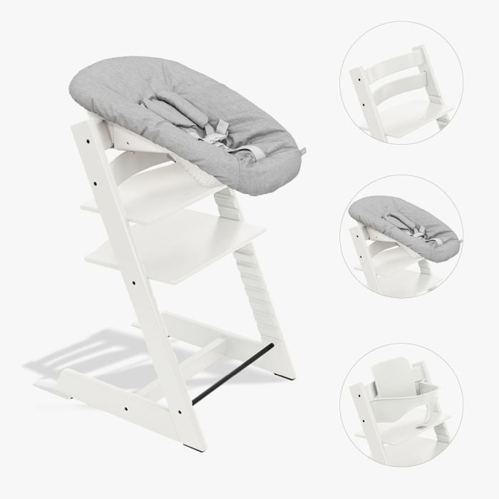 Stokke Tripp Trapp Bundle - krzesełko do karmienia + zestaw Baby Set V2 + zestaw Newborn Set-White, Newborn Set Grey