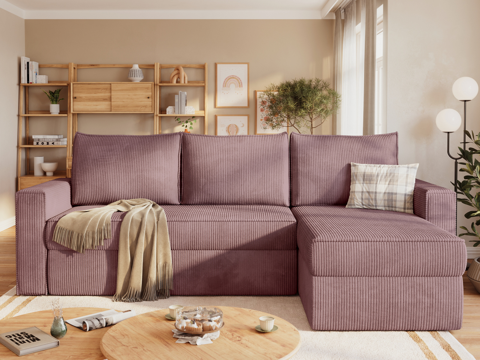Narożnik z funkcją spania różowy do salonu HUS L