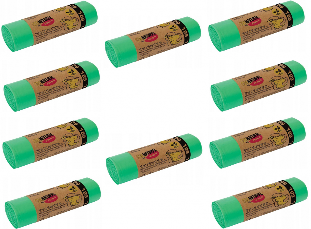 Eco Natural by York worki biodegradowalne na odpady zmieszane 60 l, 10 szt., zielony