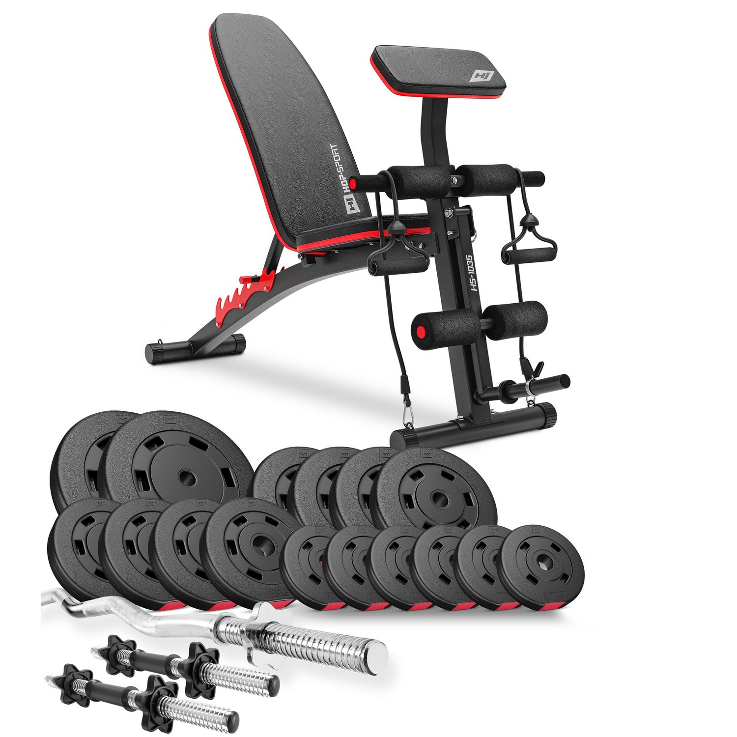 Ensemble d'haltères en plastique de 66 kg avec barre EZ et banc de musculation HS-1035